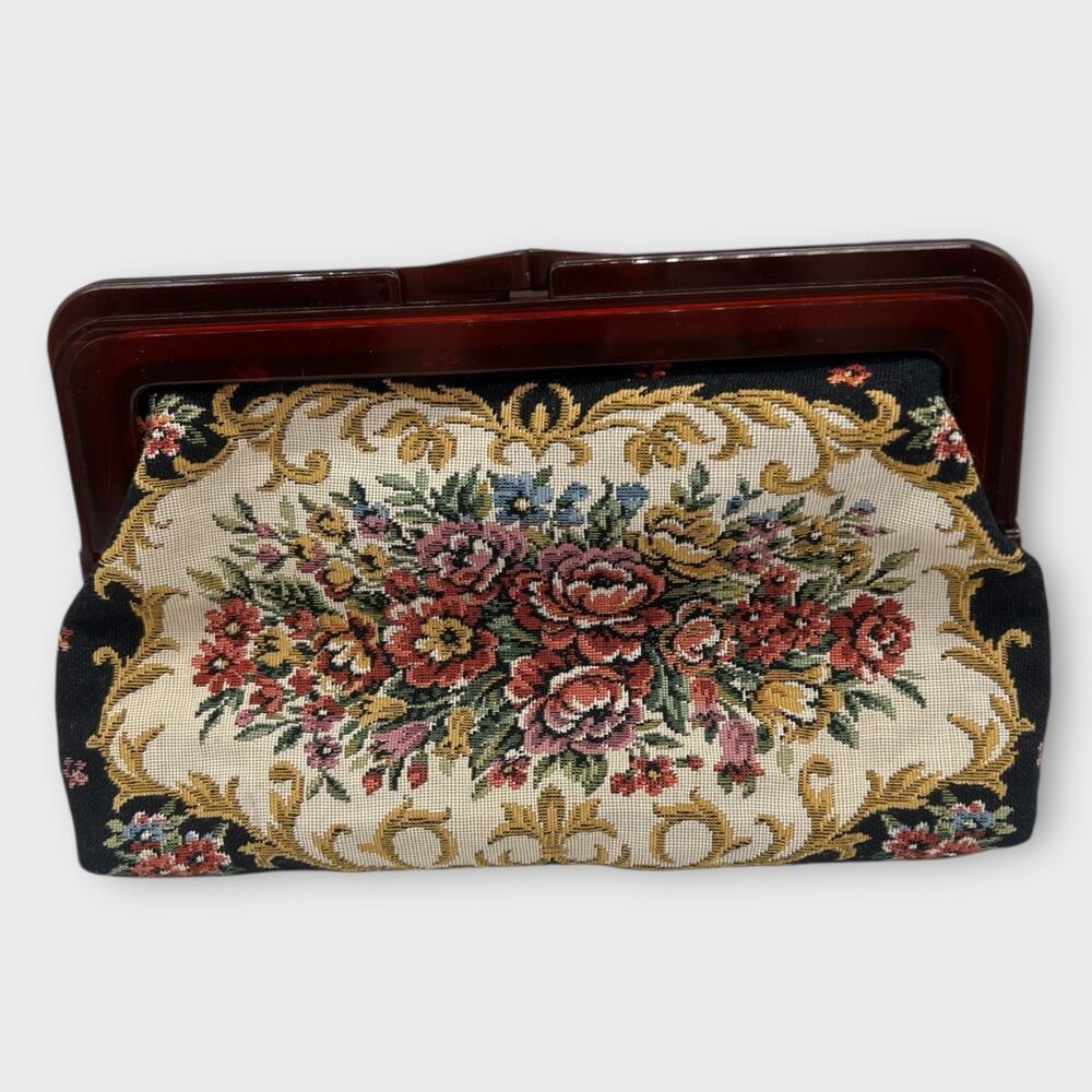 Cottagecore Floral Tapestry Acrylic Frame Clutch Bag 10x6 Black Multi